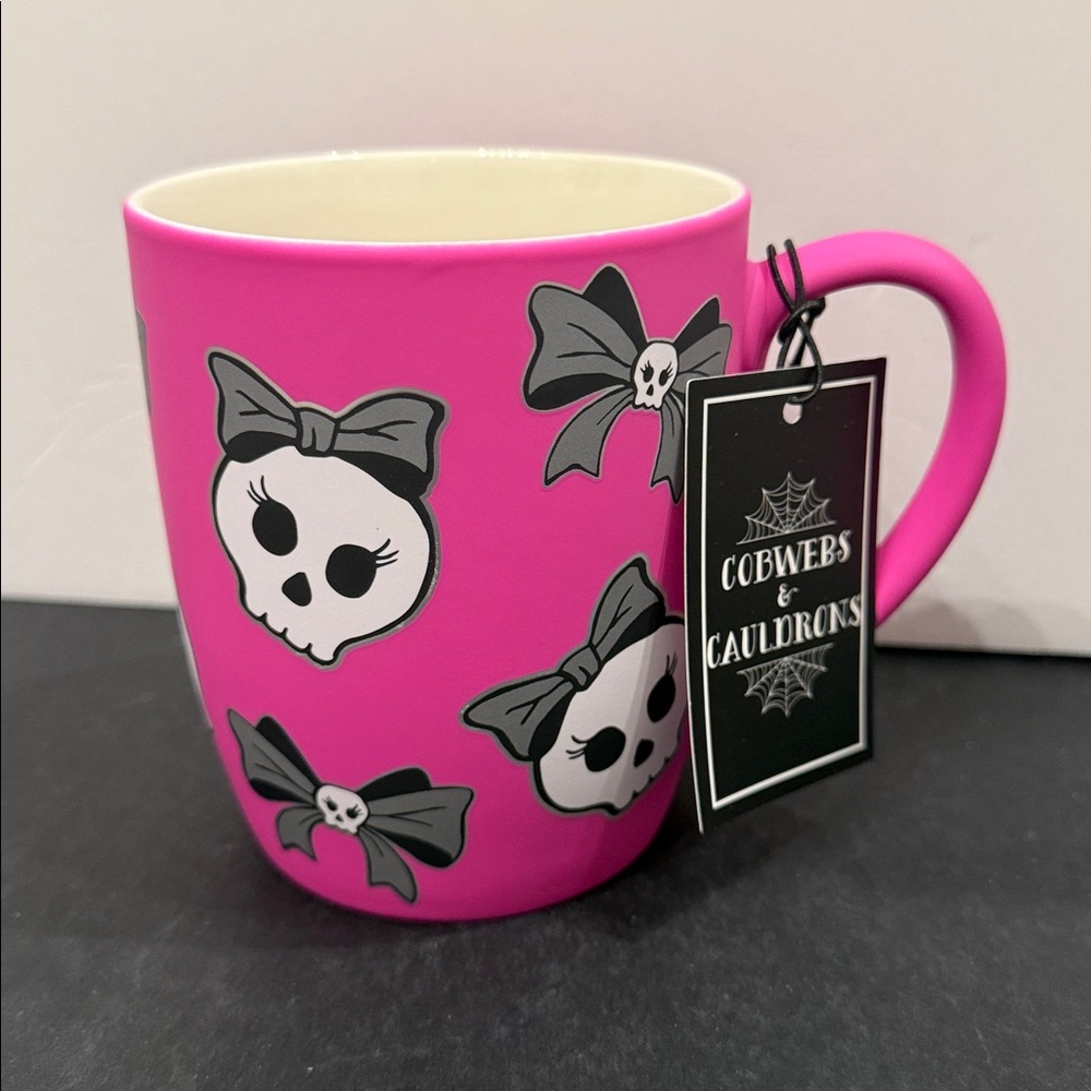 Halloween Cobwebs & Cauldrons Pink Skull Bow Mug Coffee Cup- NEW with tags
